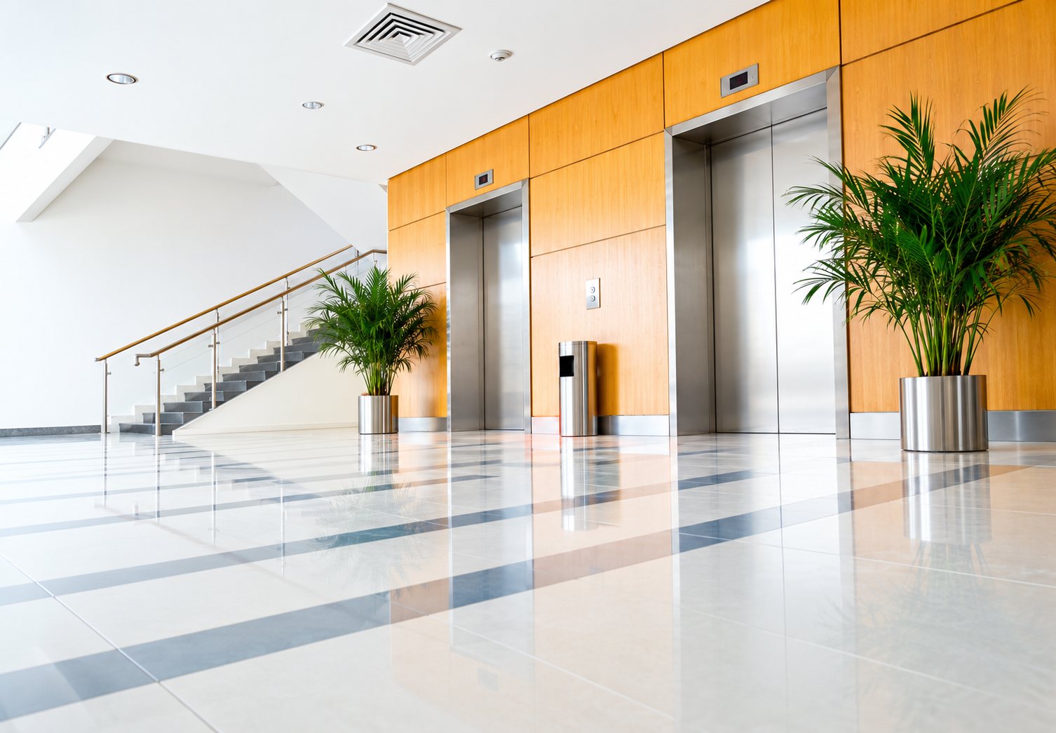 Hall d’entrée avec ascenseurs et plantes vertes, vue de face
